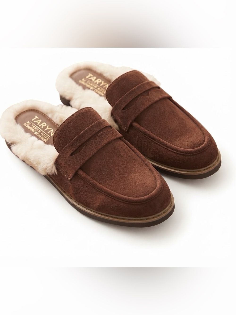 Taryn by Taryn Rose Brown Suede Faux Fur Penny Loafer Mules - Women’s Size 7.5